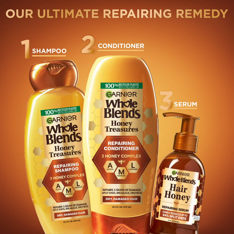 Garnier Whole Blends Honey Treasures Repairing Shampoo, Dry, Damaged Hair, 22 fl oz
