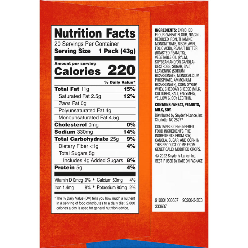 Lance Sandwich Crackers, ToastChee Peanut Butter, 20 Individually Wrapped Packs, 6 Sandwiches Each