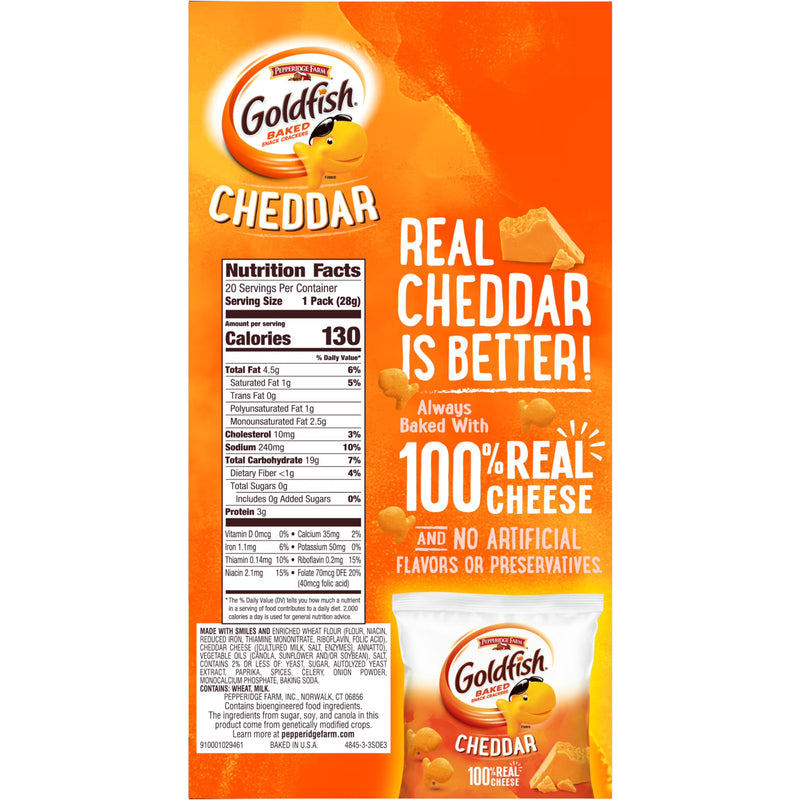 Goldfish Cheddar Cheese Crackers, Baked Snack Crackers, 1 oz on-The-Go Snack Packs, 20 Count Box