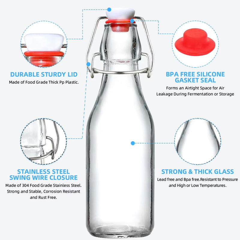 GPED 8.5 oz Swing Top Glass Bottles, 8 Pack Flip Top Beer Brewing Bottles with Airtight Rubber Seal Flip Caps for Fermentation, Kombucha, Vanilla Extract, Juice, Tea, Wine, Soda - Bonus 2 Pourers