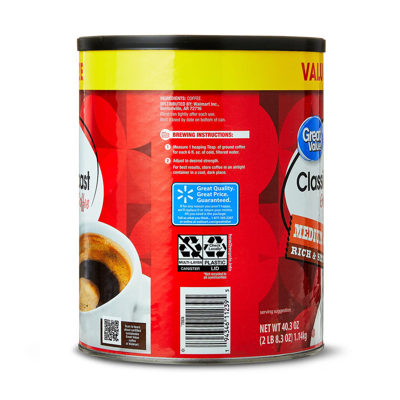 Great Value Classic Medium Roast Ground Naturally Caffeinated Coffee, 40.3 oz Canister
