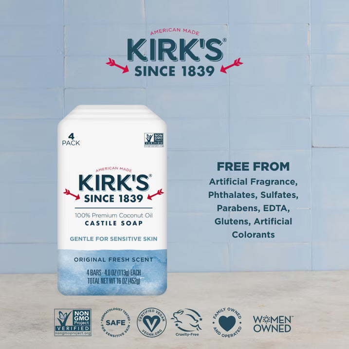Kirk's Castile Bar Soap - Made With Premium Coconut Oil, Original Fresh Scent, 4 oz. Bars, 4 Pack