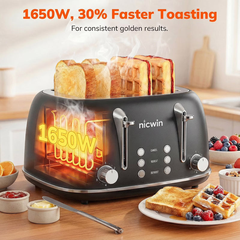 NICWIN 4 Slice Toaster, Extra Wide Slots Bread Toaster, Toast Shade Selector, Defrost & Reheat Functions for Kitchen Apartment Essentials, Black