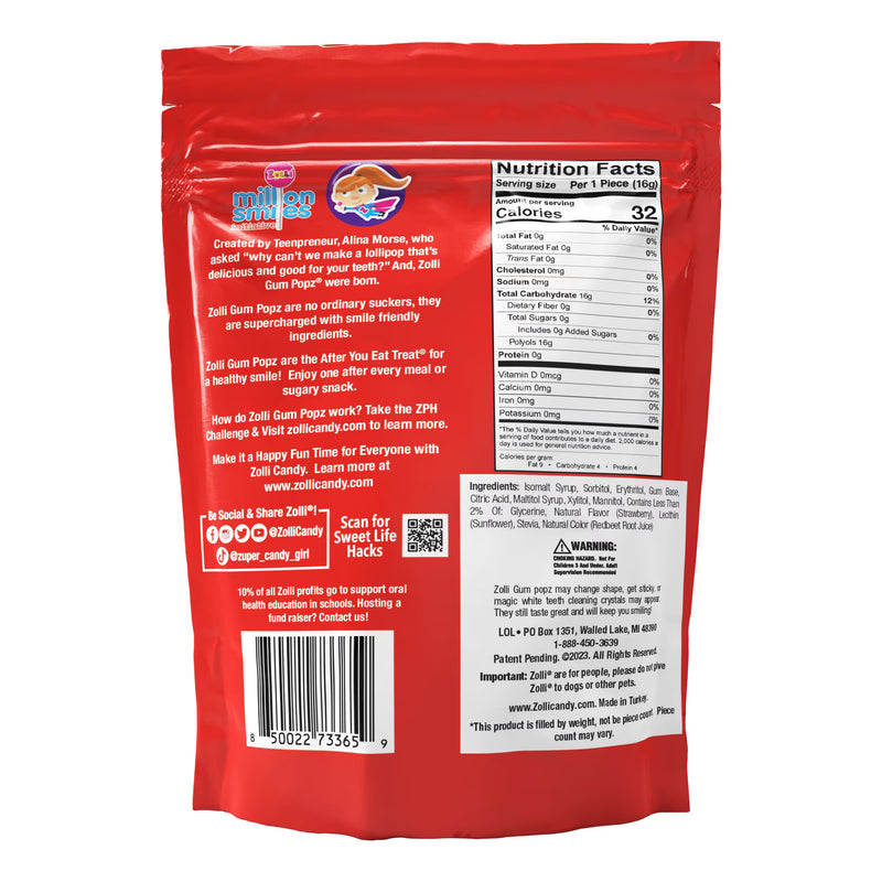 ZOLLIPOPS GUM Pops 5.6oz - Sugar Free, Allergen Free, Keto & Diabetic Friendly Strawberry Lollipops with Gum in a Convenient Resealable Pouch