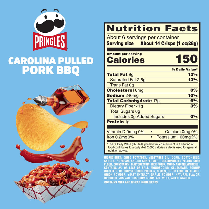 Pringles Carolina Pulled Pork BBQ Potato Crisps Chips, Lunch Snacks, 5.5 oz Canister