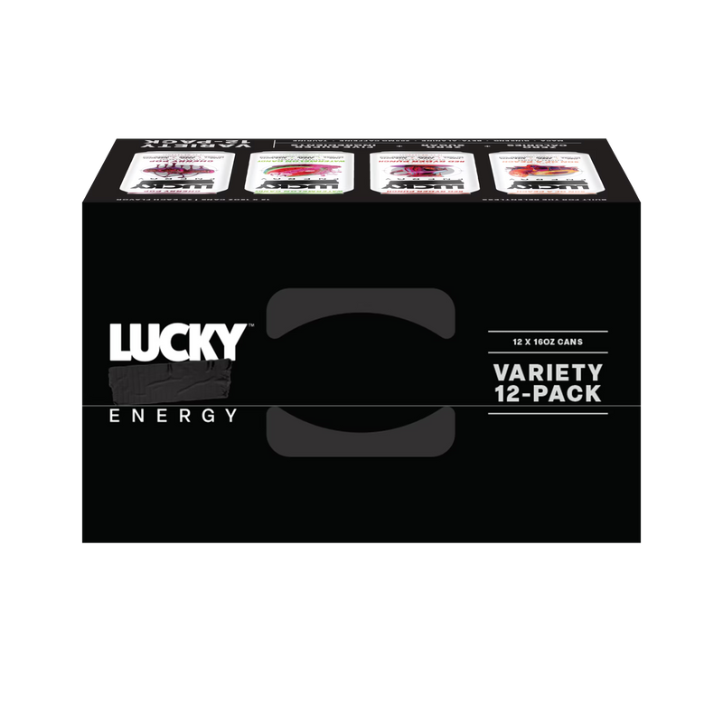 Lucky Energy Sugar Free Energy Drinks 16 oz Cans (12-pack), Variety Pack with Maca, Ginseng, Taurine, Beta-Alanine, 200mg Caffeine, Zero Calories