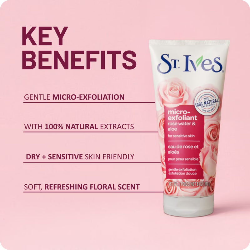 St. Ives Gentle Smoothing Face Scrub Rose Water & Aloe Vera Made with 100% Natural Exfoliants, Paraben Free, Oil-Free, Dermatologist Tested, 6 fl oz