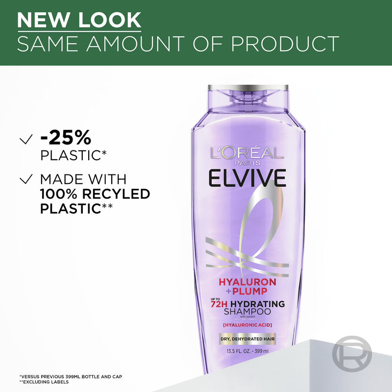 L'Oreal Paris Elvive Hyaluron Plump Hydrating Shampoo, 72H Intense Moisture, Squeeze, 13.5 fl oz