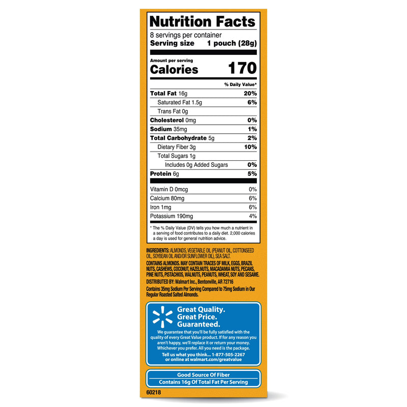 Great Value Lightly Salted Roasted Almonds, 1 oz, 8 Count
