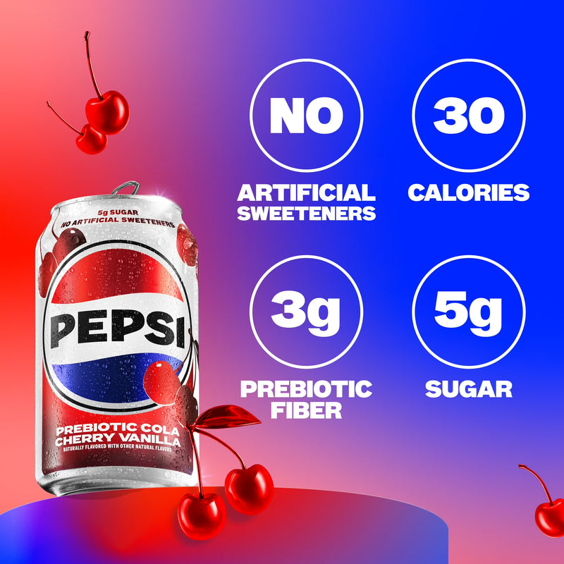 Pepsi Prebiotic Cola Soda Pop, Cherry Vanilla, 12 fl oz, 8 pack cans