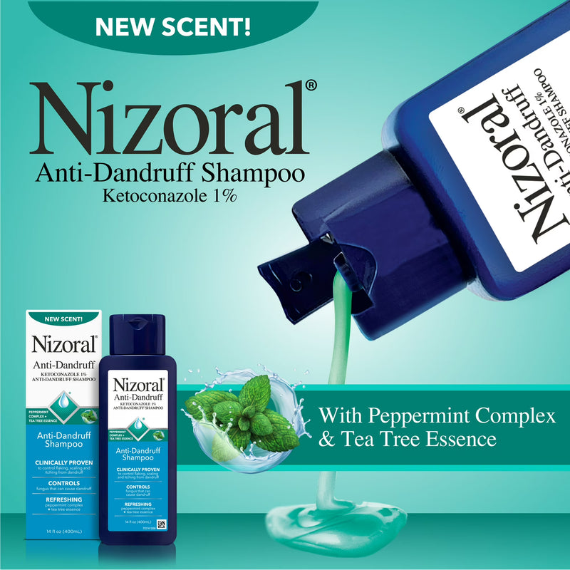Nizoral Anti-Dandruff Shampoo with 1% Ketoconazole, 14 Fl Oz, Peppermint and Tea Tree Scent, Anti Fungal Shampoo, For All Hair Types