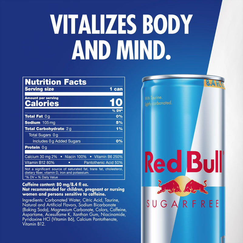 Red Bull Sugarfree Energy Drink, 80mg Caffeine, 8.4 fl. oz., Pack of 12 Cans