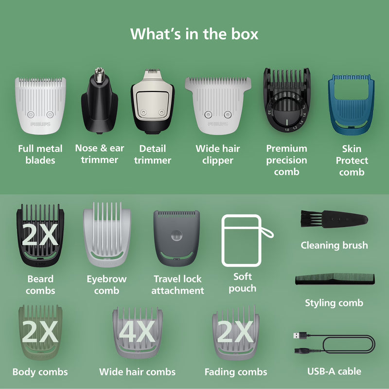 Philips Norelco All-In-One 7000 Series 22-Piece Trimmer - Electric Shaver and Clipper For Face, Beard, Hair & Body, Self-Sharpening Full Metal Blades, 25 Length Settings (0.5-16 Mm), MG7965/49