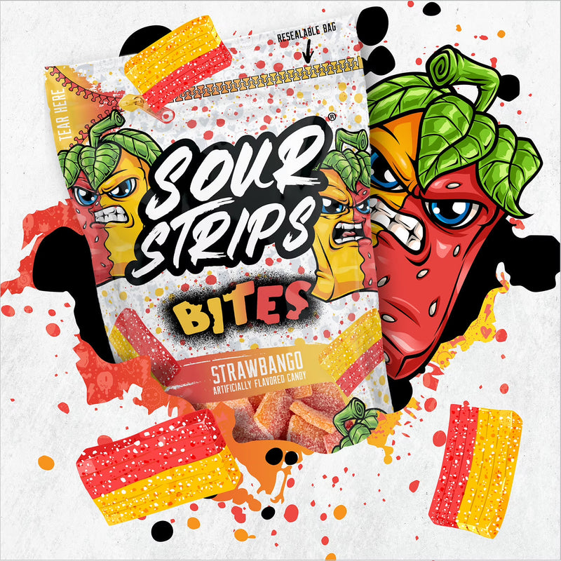 Sour Strips Bites Strawbango Flavored Chewy, Sour Candy Bag, 6.35 oz