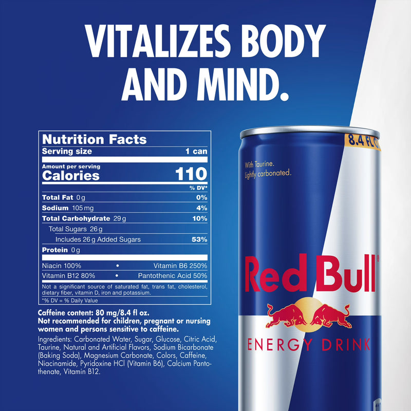 Red Bull Energy Drink, 80mg Caffeine, 8.4 fl. oz., Pack of 4 Cans