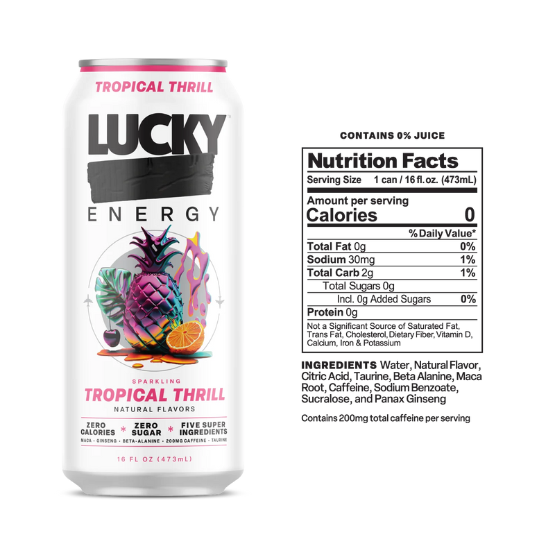 Lucky Energy Sugar Free Energy Drinks 16 fl oz Can, Tropical Thrill with Maca, Ginseng, Taurine, Beta-Alanine, 200mg Caffeine, Zero Calories