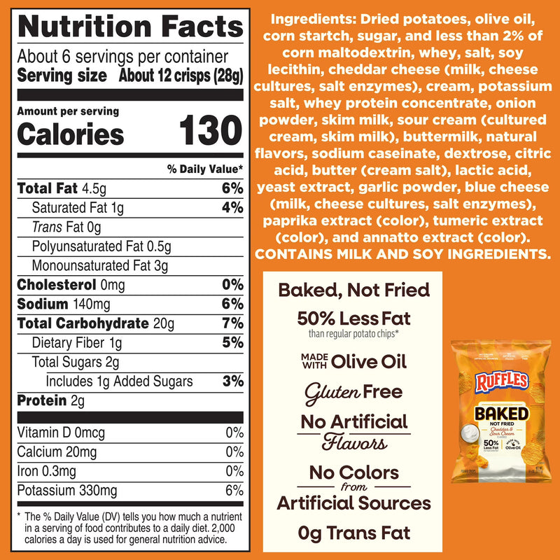 Baked Ruffles 50% Less Fat Cheddar & Sour Cream Potato Chips Bag, 6.25 oz