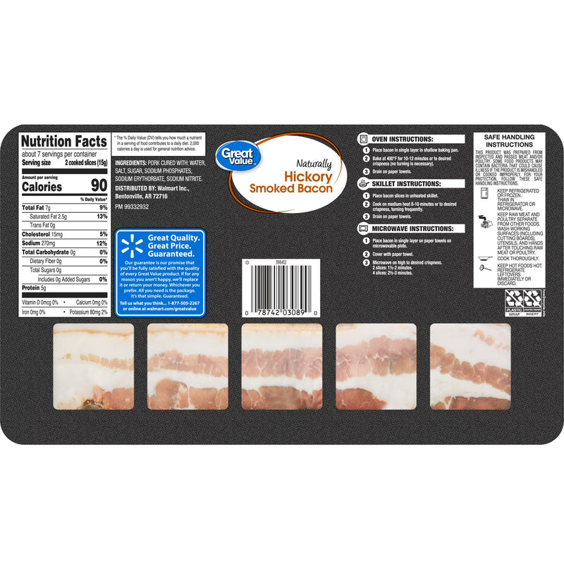 Great Value Naturally Hickory Smoked Sliced Bacon, 12 oz