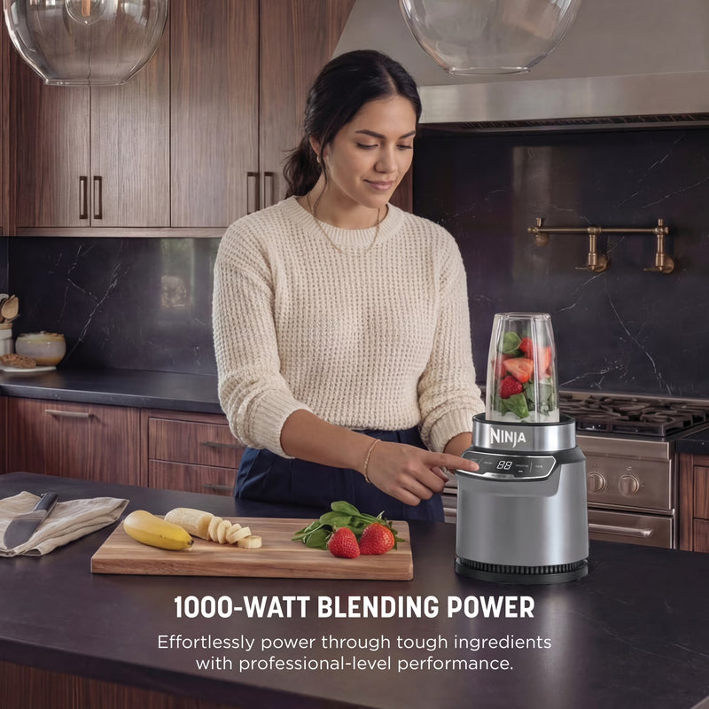 Ninja Nutri Pro Compact Personal Blender, 18-Oz and 24-Oz To-Go Cups & Spout Lids, Auto-iQ Technology, Smoothies, Crush, BN400 Stone Silver