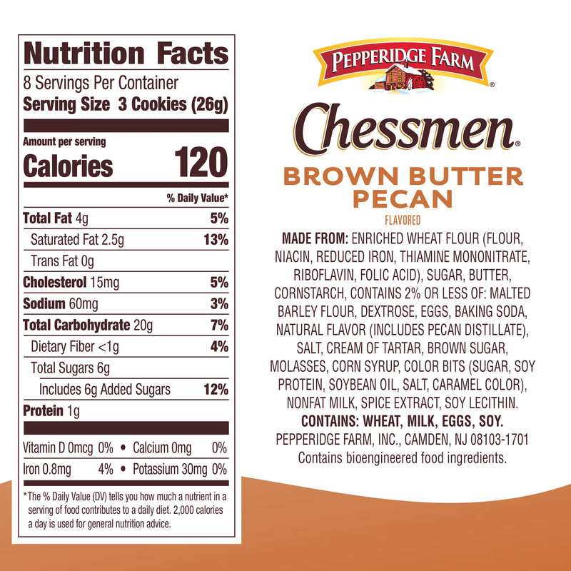 Pepperidge Farm Chessmen Brown Butter Pecan Flavored Cookies, 7.25 oz Bag