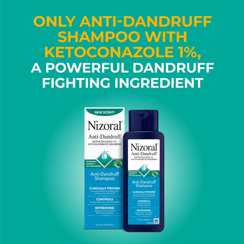 Nizoral Anti-Dandruff Shampoo with 1% Ketoconazole, 14 Fl Oz, Peppermint and Tea Tree Scent, Anti Fungal Shampoo, For All Hair Types