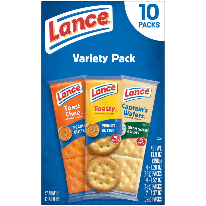 Lance Sandwich Crackers, Variety Pack, 3 Flavors, 10 Individually Wrapped Packs, 6 Sandwiches Each