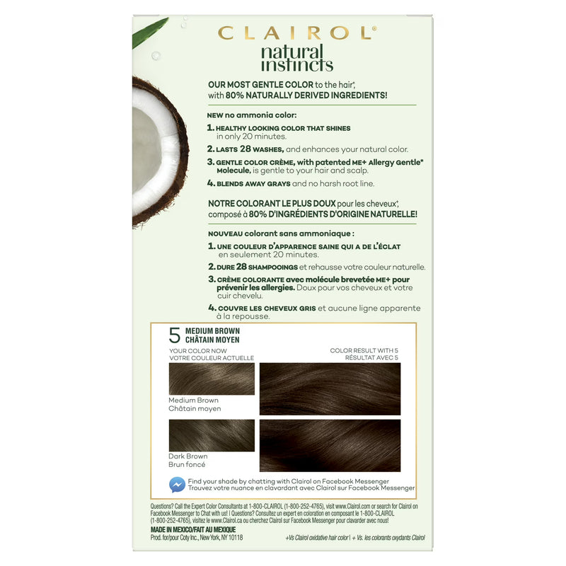 Clairol Natural Instincts Demi-Permanent Hair Color Crème 5 Medium Brown, 1 Application