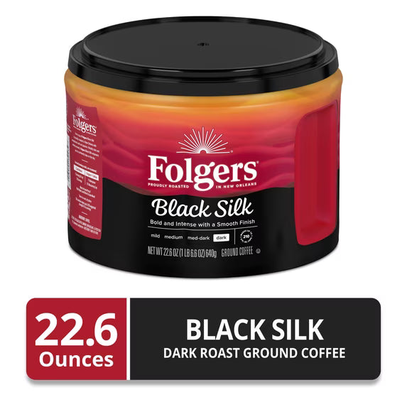 Folgers Black Silk Ground Coffee, Dark Roast, 22.6 oz Canister
