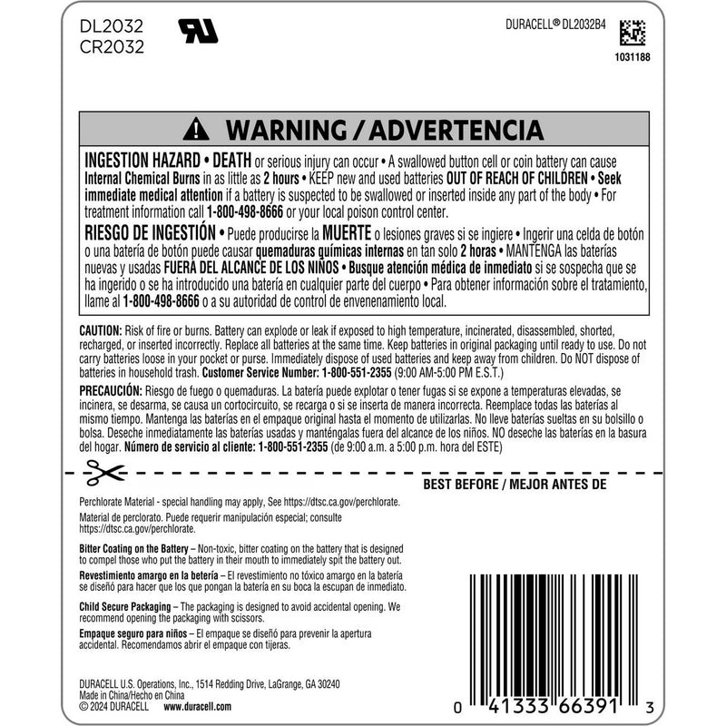 Duracell 2032 Lithium Coin Battery 3V, CR2032 Battery, Bitter Coating Discourages Swallowing, 4 Pack