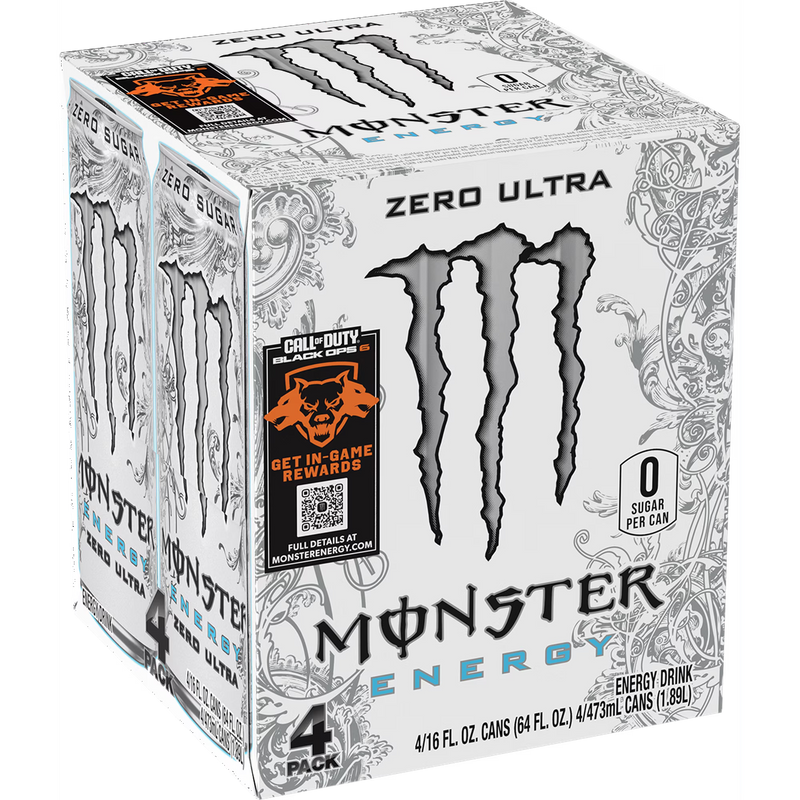 Monster Energy, Zero Ultra, Sugar Free Energy Drink, 4 Pack - 16 Fl Oz