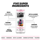 Lucky Energy Sugar Free Energy Drinks 16 fl oz Can, Tropical Thrill with Maca, Ginseng, Taurine, Beta-Alanine, 200mg Caffeine, Zero Calories