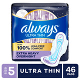 Always Ultra Thin Overnight Pads with Wings, Size 5, Extra Heavy Overnight, 46 Count