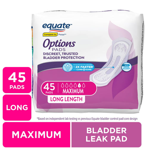 Equate Options Women's Incontinence Pads, Maximum Absorbency, Long Length, 45 Count