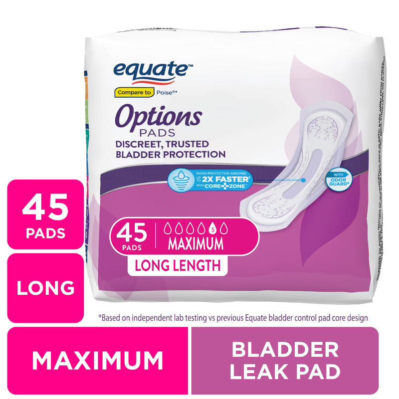 Equate Options Women's Incontinence Pads, Maximum Absorbency, Long Length, 45 Count