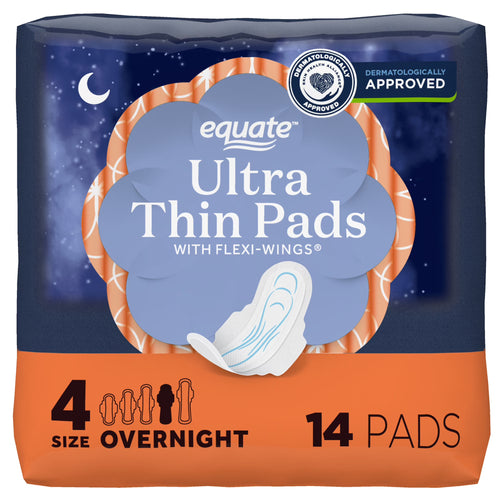 Equate Ultra Thin Pads with Flexi-Wings, Overnight Absorbency, Size 4, 14 Count