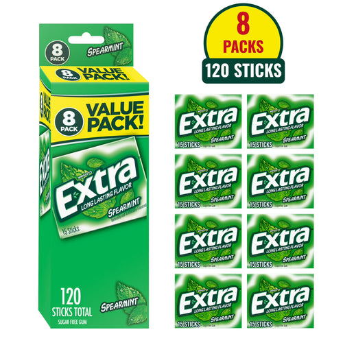 EXTRA Spearmint Sugar Free Chewing Gum, 15 Sticks per Pack, 8 Pack Bulk