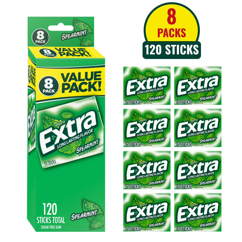 EXTRA Spearmint Sugar Free Chewing Gum, 15 Sticks per Pack, 8 Pack Bulk