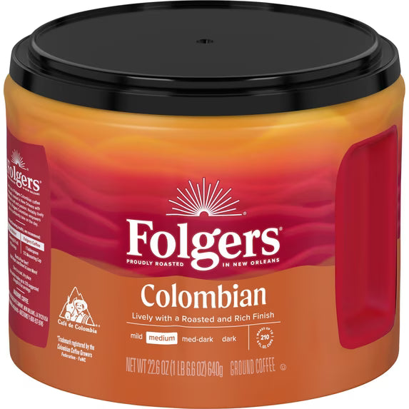 Folgers Colombian Ground Coffee, Medium Roast, 22.6 oz Canister