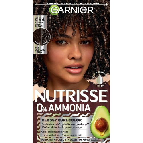 Garnier Nutrisse 0% Ammonia Glossy Curl Nourishing Permanent Hair Color Kit, CR4 Dark Brown, 1 Kit
