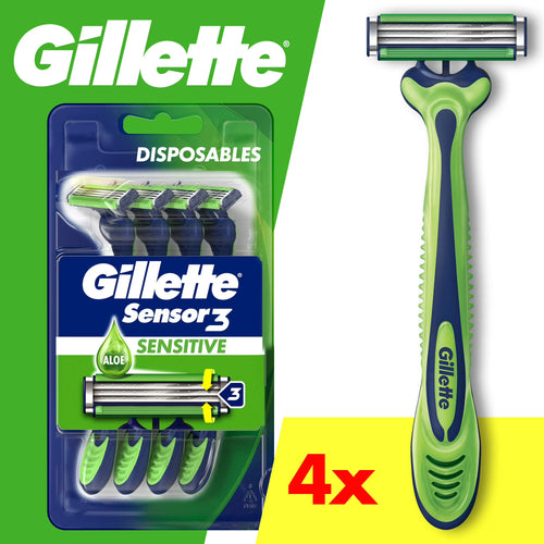 Gillette Sensor 3 Sensitive Men 3 Blade Disposable Razor,4 count
