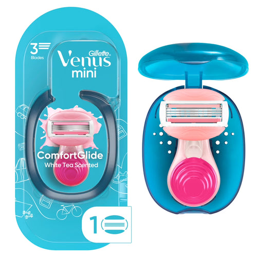Gillette Venus Mini on The Go Women's Razor Handle with 1 ComfortGlide White Tea Scent Blade Refill + 1 Travel Case