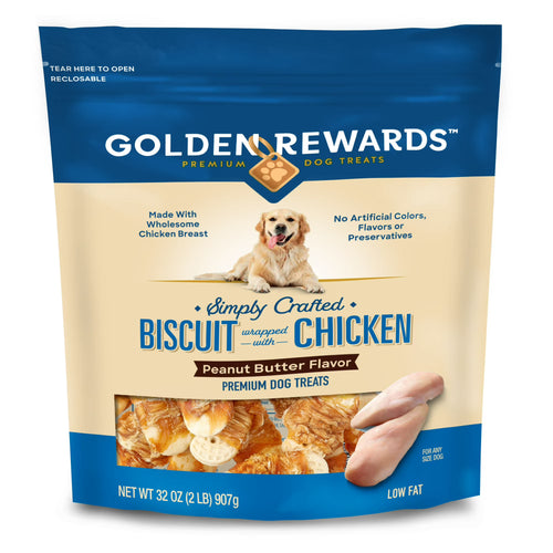 Golden Rewards Peanut Butter Flavor Biscuit Wrapped with Chicken Dry Biscuit Treats for Dogs, 32 oz