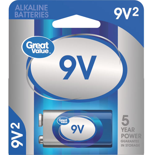 Great Value Alkaline 9 Volt Batteries, 2 Count (Plastic Free Packaging)