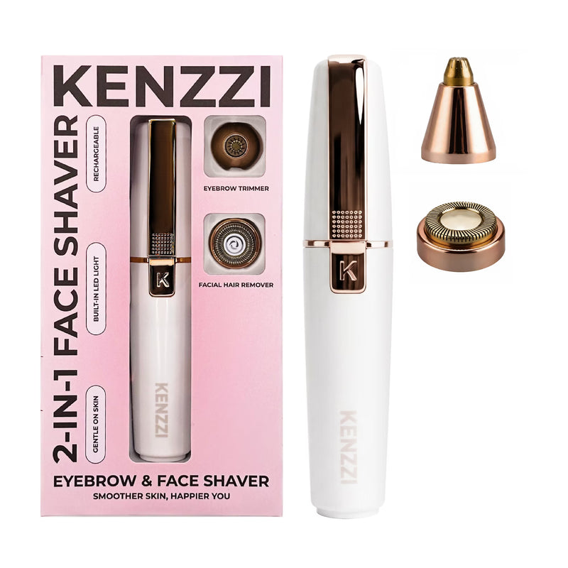 KENZZI 2-in-1 Rechargeable Women’s Face Electric Shaver and Facial Hair Remover with Eyebrow Trimmer, White and Rose Gold