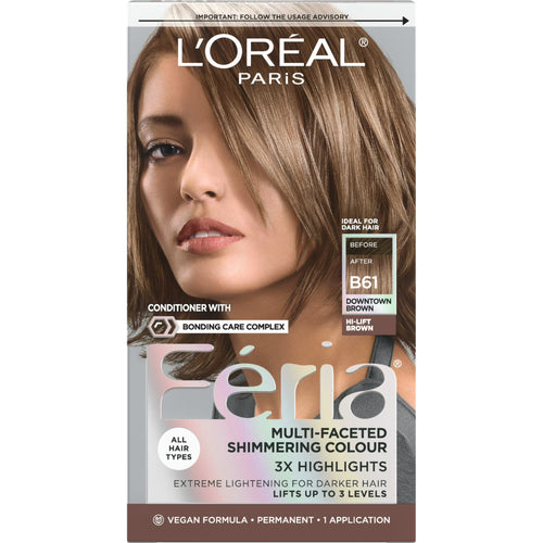 L'Oreal Paris Feria Shimmering Permanent Hair Color, B61 Downtown Brown, Strengthens Hair, 1 Kit