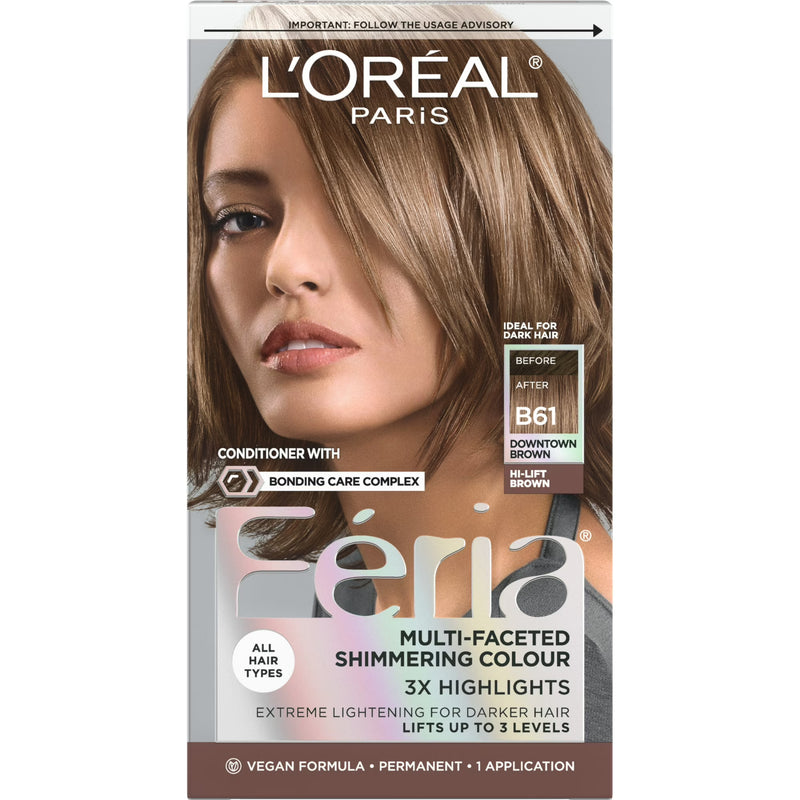 L'Oreal Paris Feria Shimmering Permanent Hair Color, B61 Downtown Brown, Strengthens Hair, 1 Kit