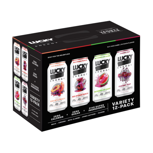 Lucky Energy Sugar Free Energy Drinks 16 oz Cans (12-pack), Variety Pack with Maca, Ginseng, Taurine, Beta-Alanine, 200mg Caffeine, Zero Calories