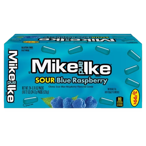 Mike and Ike Sour Blue Raspberry 0.78 oz. Box - Case of 24