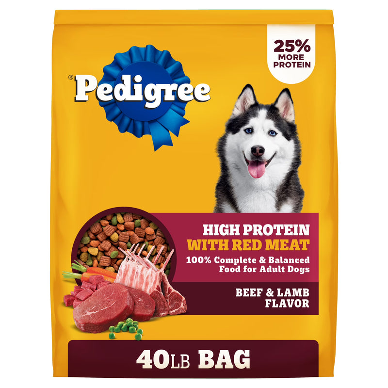 Pedigree Dry Dog Food for Adult Dogs, High Protein, Beef and Lamb Flavor, 40 lb. Bag