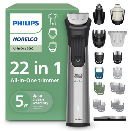 Philips Norelco All-In-One 7000 Series 22-Piece Trimmer - Electric Shaver and Clipper For Face, Beard, Hair & Body, Self-Sharpening Full Metal Blades, 25 Length Settings (0.5-16 Mm), MG7965/49
